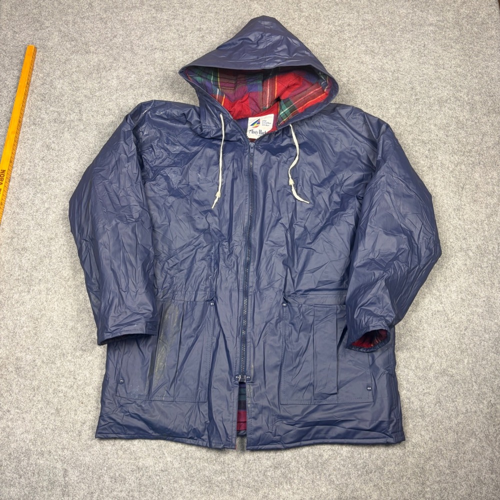 Misty Harbor Any Weather Slicker Navy Blue Rain Jacket Plaid Lined Hooded Medium